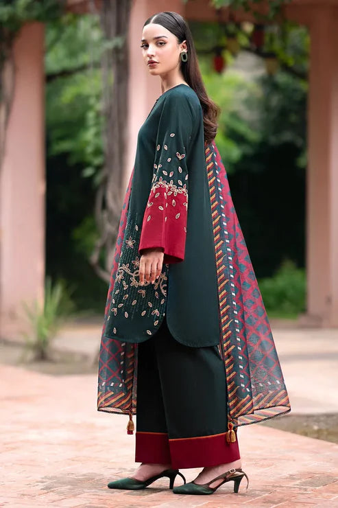 JAZMIN - Unstitched 3PC DHANAK EMBROIDERED SHIRT WITH PRINTED SHAWL AND TROUSER -BS1008