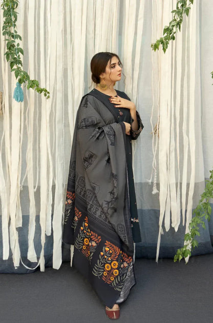 Urge - 3PC Unstitched Dhanak Embroidered Shirt with Printed Wool Shawl and Embroidered Trousers-BS 1001