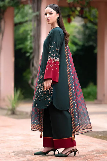 JAZMIN - Unstitched 3PC DHANAK EMBROIDERED SHIRT WITH PRINTED SHAWL AND TROUSER -BS1008