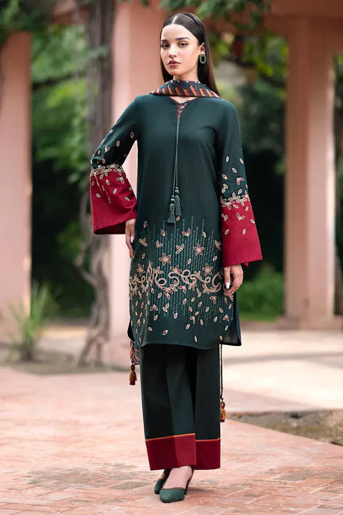 JAZMIN - Unstitched 3PC DHANAK EMBROIDERED SHIRT WITH PRINTED SHAWL AND TROUSER -BS1008