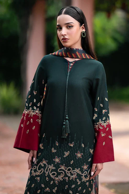 JAZMIN - Unstitched 3PC DHANAK EMBROIDERED SHIRT WITH PRINTED SHAWL AND TROUSER -BS1008