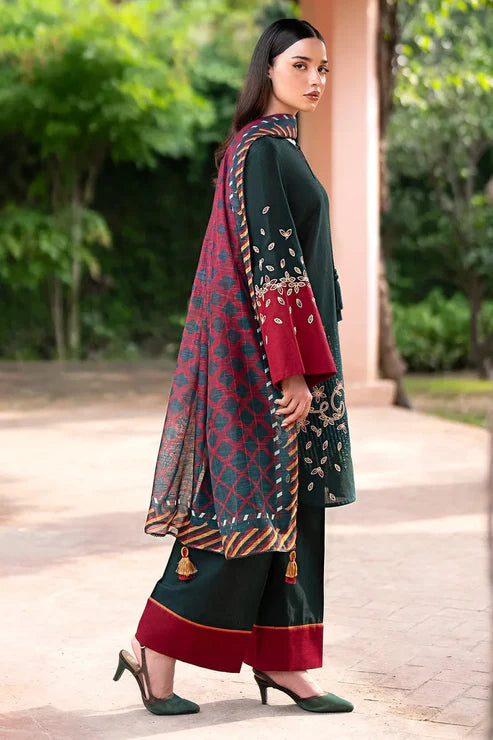 JAZMIN - Unstitched 3PC DHANAK EMBROIDERED SHIRT WITH PRINTED SHAWL AND TROUSER -BS1008