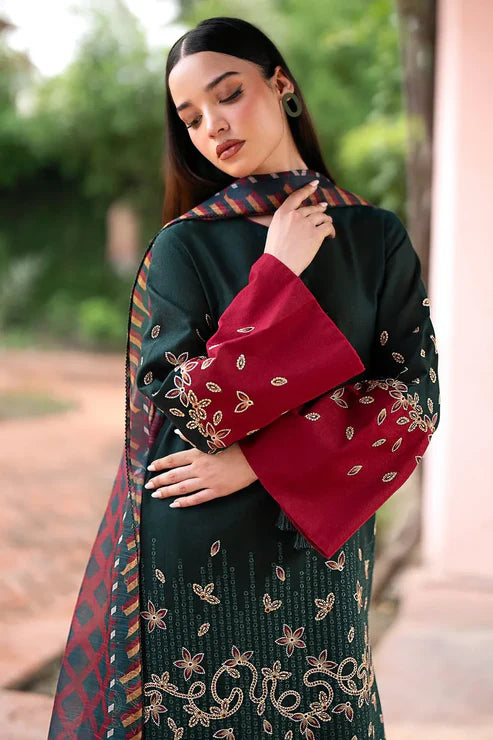 JAZMIN - Unstitched 3PC DHANAK EMBROIDERED SHIRT WITH PRINTED SHAWL AND TROUSER -BS1008