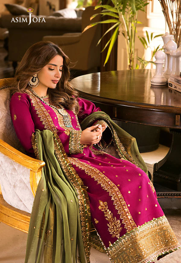 ASIMJOFA| UNSTITCHED 3PC  EMBROIDERED CHIFFON AND MALAI SUIT |BS1019