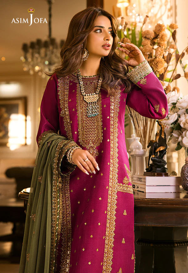 ASIMJOFA| UNSTITCHED 3PC  EMBROIDERED CHIFFON AND MALAI SUIT |BS1019