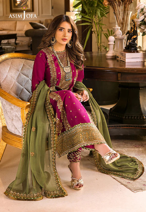 ASIMJOFA| UNSTITCHED 3PC  EMBROIDERED CHIFFON AND MALAI SUIT |BS1019