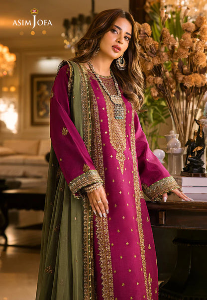ASIMJOFA| UNSTITCHED 3PC  EMBROIDERED CHIFFON AND MALAI SUIT |BS1019