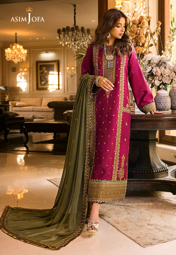 ASIMJOFA| UNSTITCHED 3PC  EMBROIDERED CHIFFON AND MALAI SUIT |BS1019