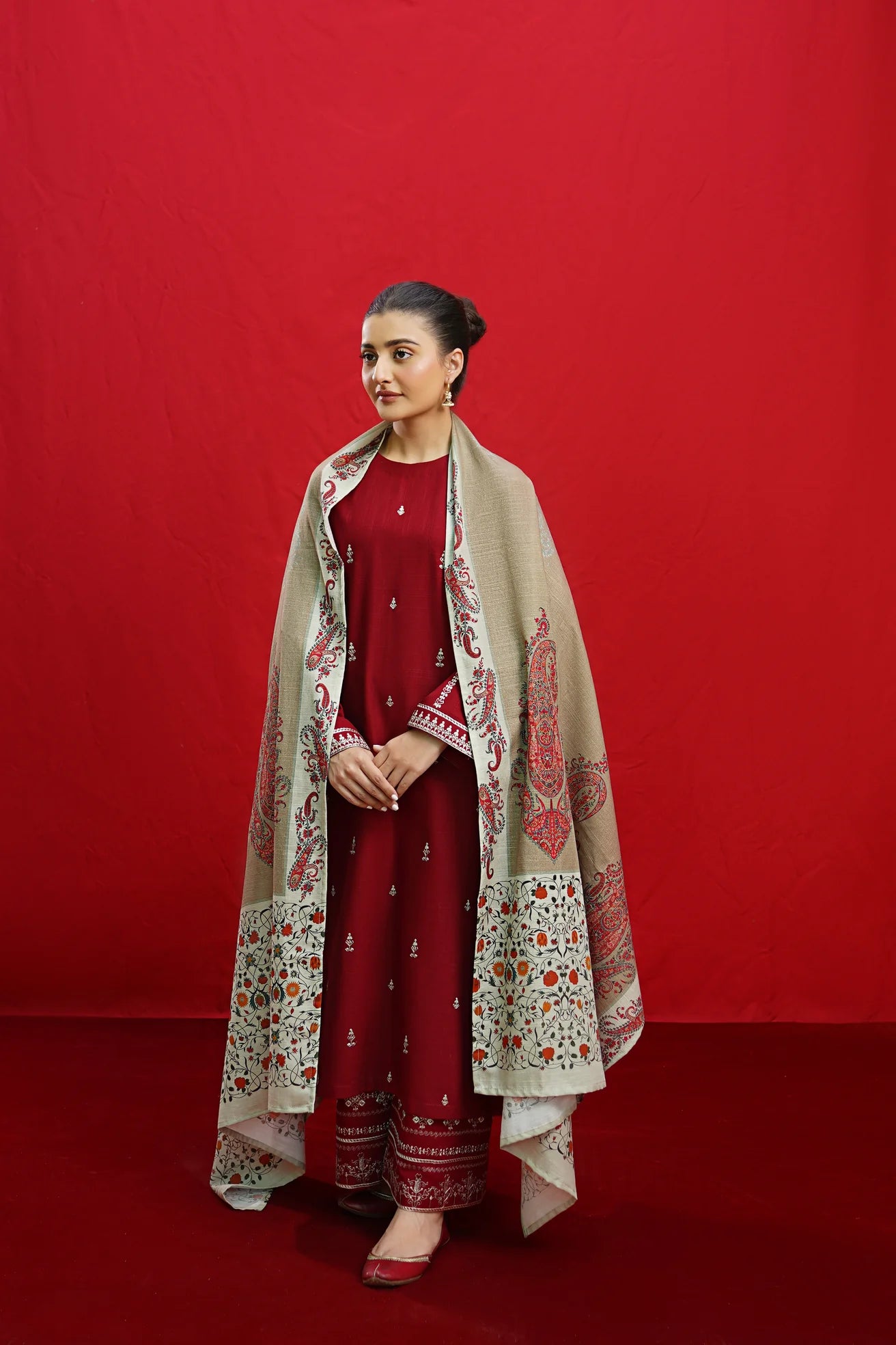 Urge - 3PC Unstitched Dhanak Embroidered Shirt with Printed Wool Shawl and Embroidered Trousers-BS 1002