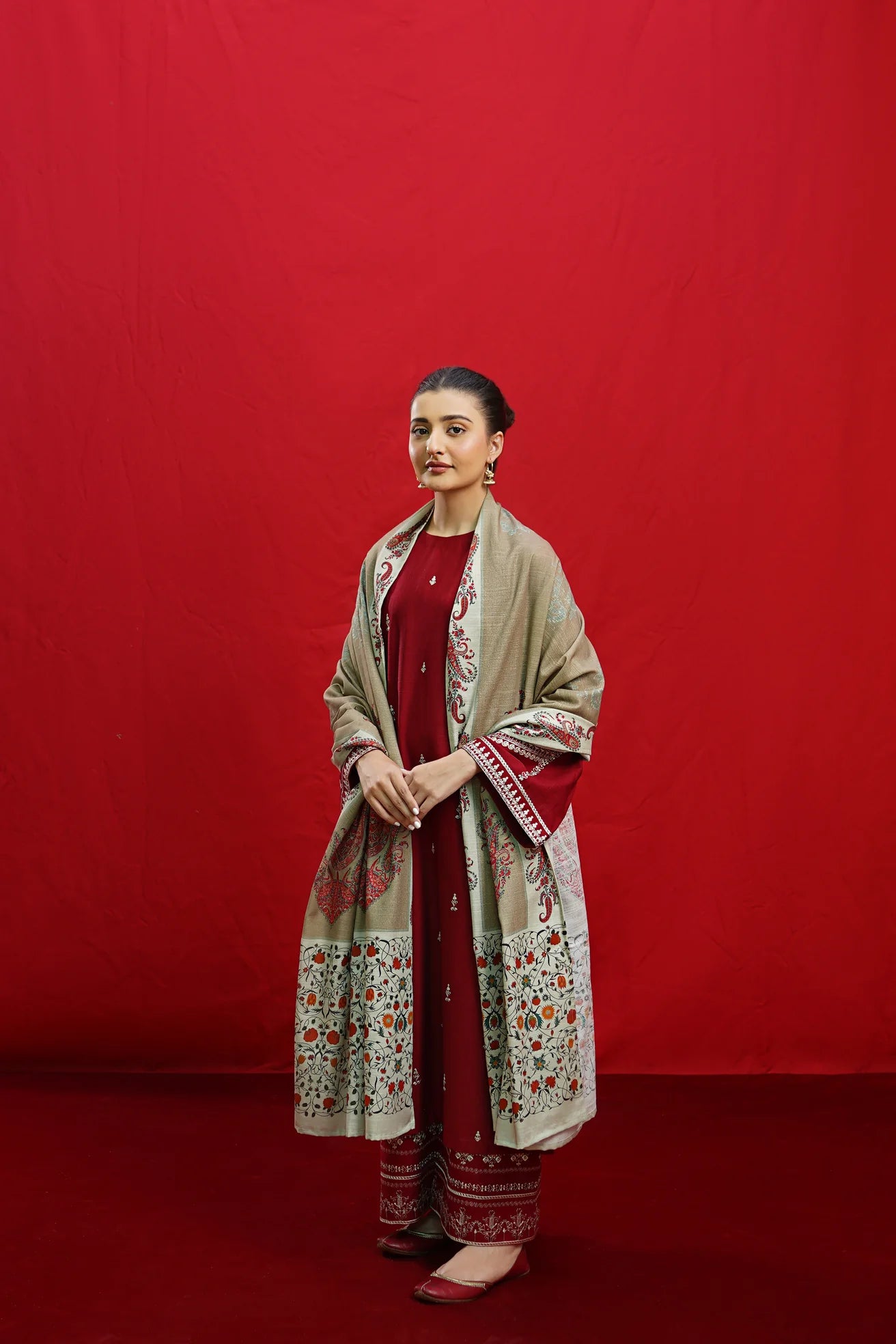 Urge - 3PC Unstitched Dhanak Embroidered Shirt with Printed Wool Shawl and Embroidered Trousers-BS 1002