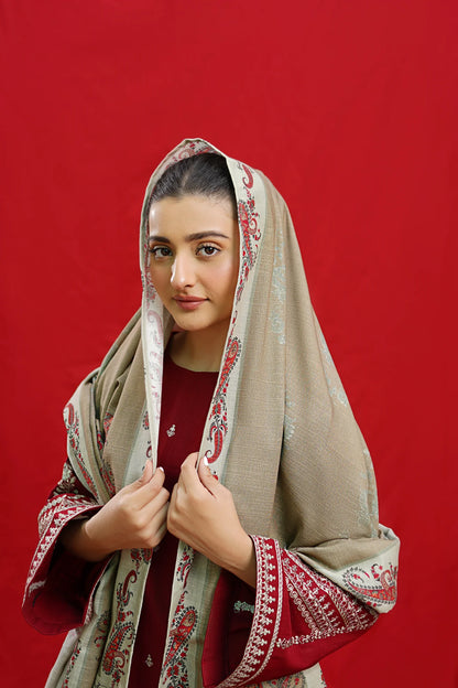 Urge - 3PC Unstitched Dhanak Embroidered Shirt with Printed Wool Shawl and Embroidered Trousers-BS 1002