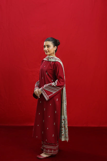 Urge - 3PC Unstitched Dhanak Embroidered Shirt with Printed Wool Shawl and Embroidered Trousers-BS 1002