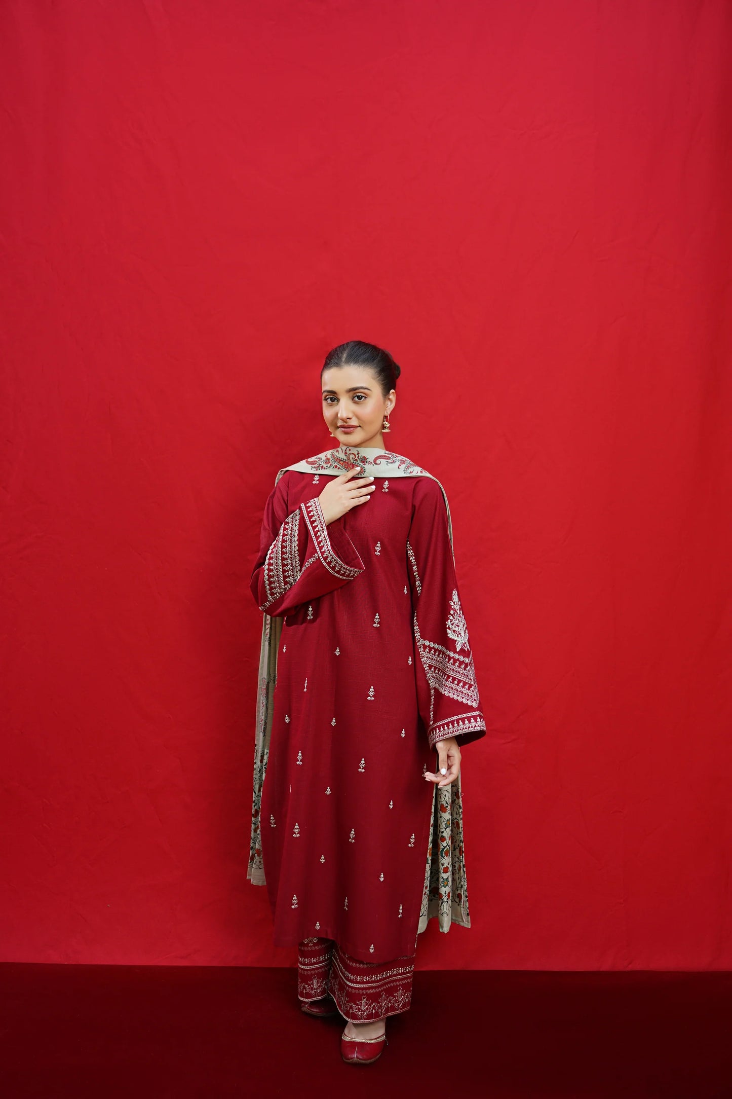 Urge - 3PC Unstitched Dhanak Embroidered Shirt with Printed Wool Shawl and Embroidered Trousers-BS 1002