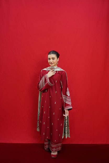 Urge - 3PC Unstitched Dhanak Embroidered Shirt with Printed Wool Shawl and Embroidered Trousers-BS 1002