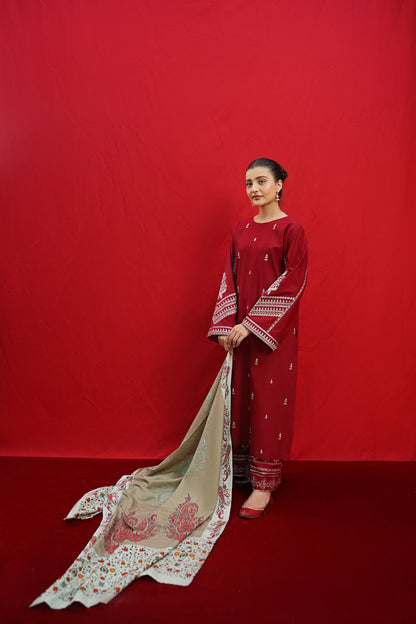 Urge - 3PC Unstitched Dhanak Embroidered Shirt with Printed Wool Shawl and Embroidered Trousers-BS 1002