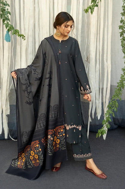 Urge - 3PC Unstitched Dhanak Embroidered Shirt with Printed Wool Shawl and Embroidered Trousers-BS 1001