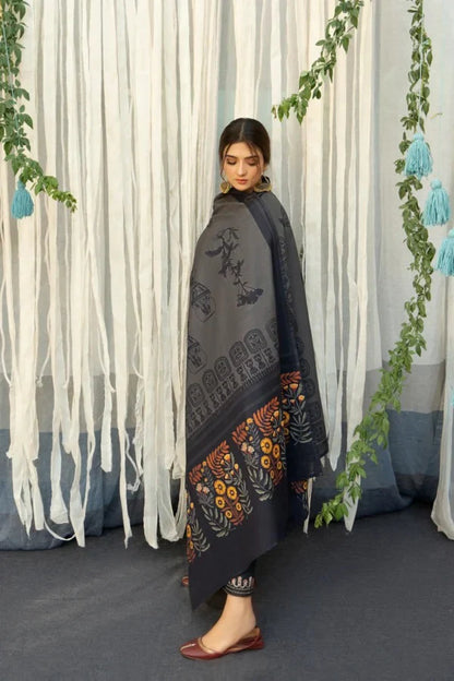 Urge - 3PC Unstitched Dhanak Embroidered Shirt with Printed Wool Shawl and Embroidered Trousers-BS 1001