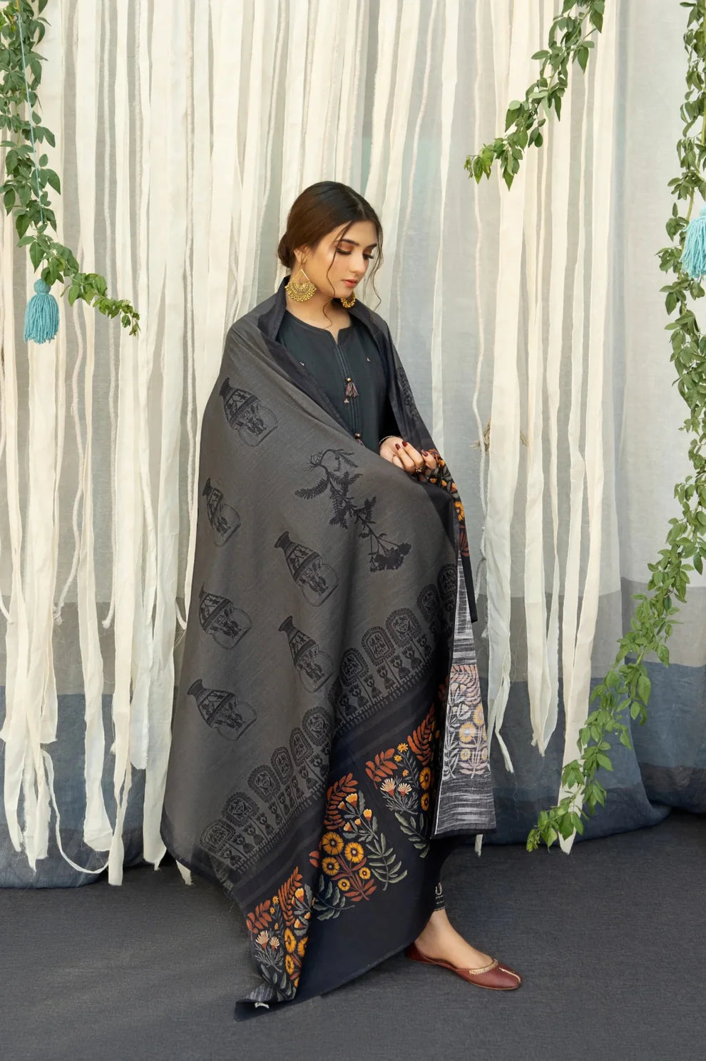 Urge - 3PC Unstitched Dhanak Embroidered Shirt with Printed Wool Shawl and Embroidered Trousers-BS 1001